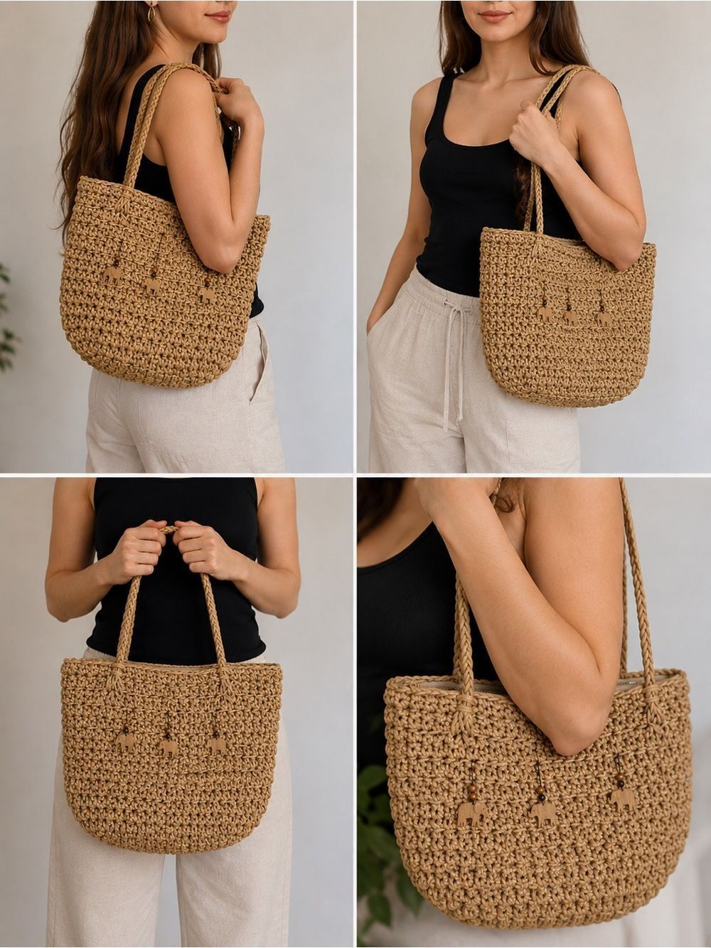 Vintage Cappelli Straworld Inc Large Tote With Safari Animal Wood Beads Notes